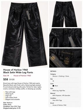 House of Harlow 1960 Black Satin Wide-Leg Trousers